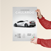 Lamborghini Gallardo poster by Dripster featuring a white sports car with specs and Italian flag